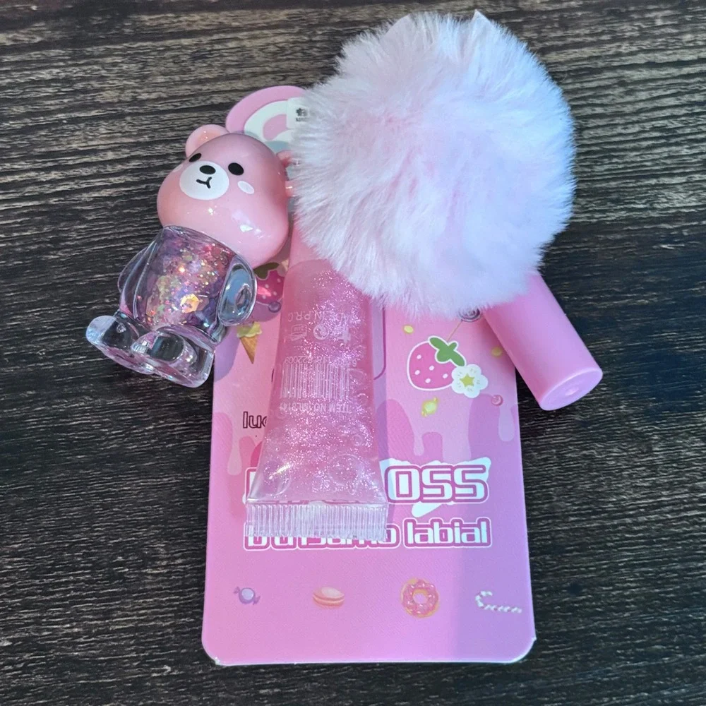 Pink Bear Lip Gloss Balm Set Pom Pom Keychain Y2K Kawaii Glitter Accessory